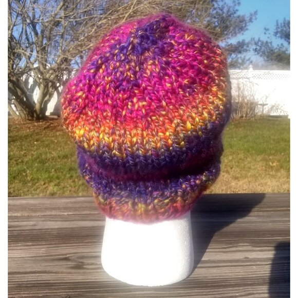 Women's Handmade Beanie Hat Cap Knit Slouch Twilight Plains Blue Fuchsia Chunky - Picture 5 of 9